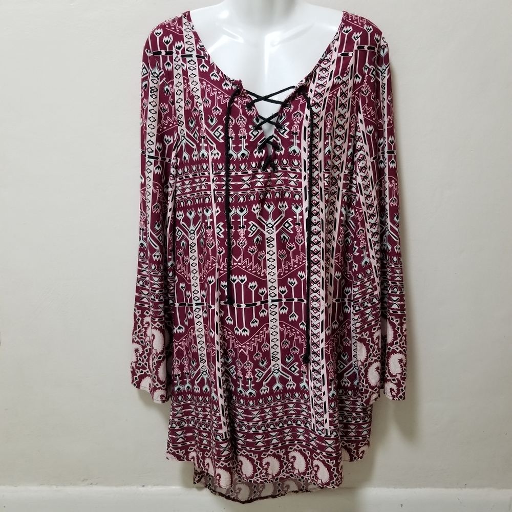 Somedays Lovin Women Dress Tunic Lace V-Neck Aztec Paisley Flare Slv Red M